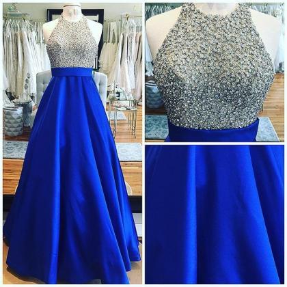 Halter Royal Blue Long Prom Dress With Beaded..