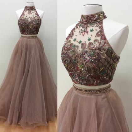 2 Pieces Prom Dress With Beaded Crop Top
