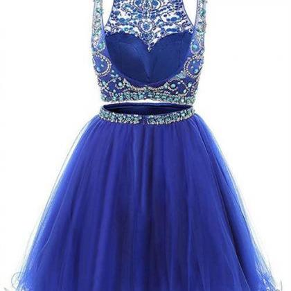 Royal Blue Short 2 Pieces Dress With Beaded Top