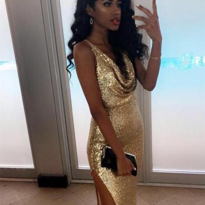 Gold Sequin Prom Dress With Side Slit