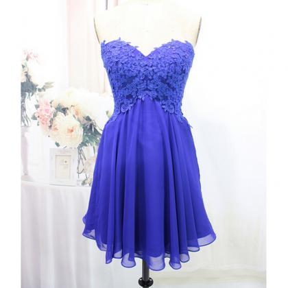 Royal Blue Short Dress With Appliques Lace