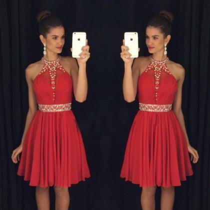 Short Halter Red Homecoming Dress With Crystals