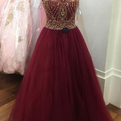 A-line Long Burgundy Beaded Prom Dress
