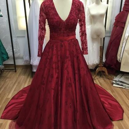 Long Sleeves V Neck Prom Dress With Beads