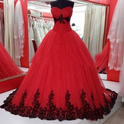 Red Ball Gown Dress With Black Lace Trim