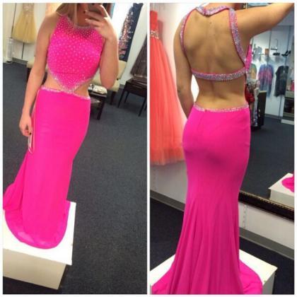 Open Back Fuchsia Prom Dress With Beads