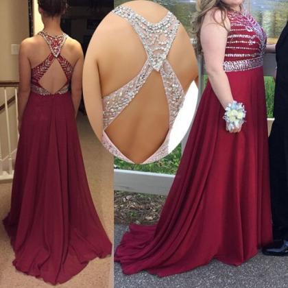 Dark Red Plus Size Prom Dress With Beads