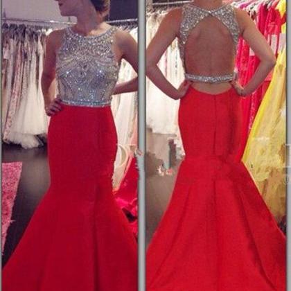 Backless Red Mermaid Prom Dress With Beads