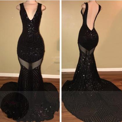 Open Back Black Sequin Prom Dress