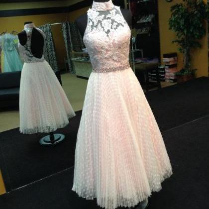Ankle Length Ivory Prom Dress With Pleated Polka..