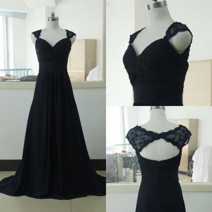 Long Black Chiffon Evening Dress With Lace Cap..