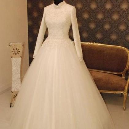 Modest Muslin Ivory Wedding Dress With Long..