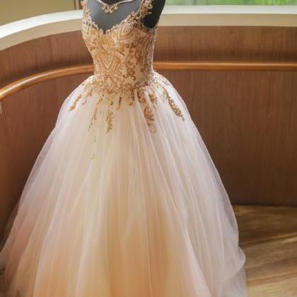 Sheer Neck Ball Gown Prom Dress With Beads