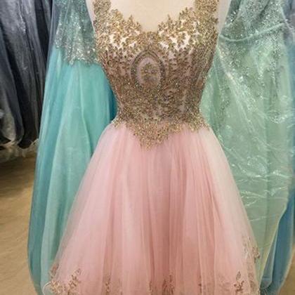 Short Pink Homecoming Semi Formal Dress With Gold..