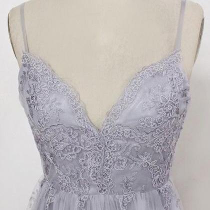 Spahgetti Straps Gray Prom Dress With Appliques..