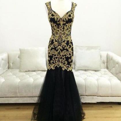 Black Mermaid Prom Dress With Gold Lace