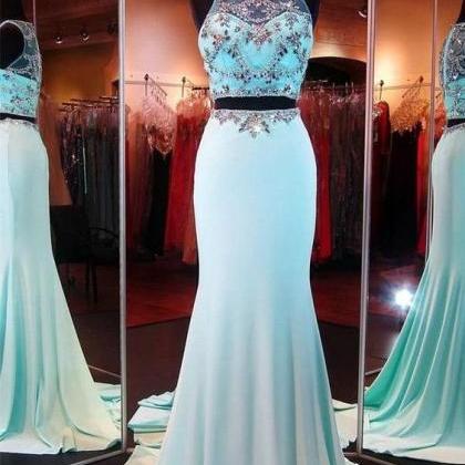 Dark blue two pieces beads long prom dress, formal dress