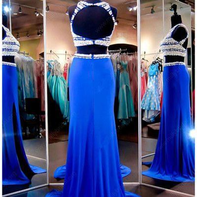 Blue Two Pieces Prom Dress With Slit Beads