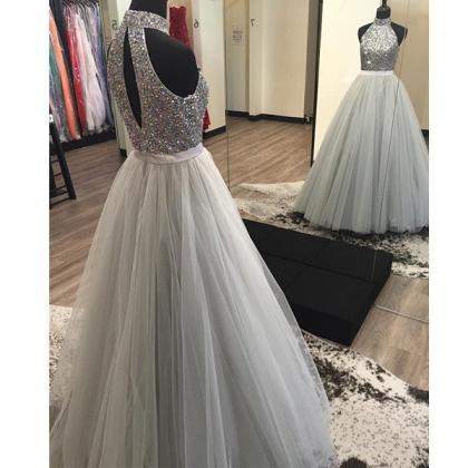 High Neck Gray Long Tulle Prom Dress With Keyhole..