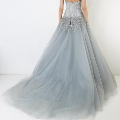 Ice Grey Strapless Bridal Wedding Dress With Lace