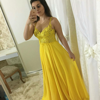 Sheer Back Yellow Prom Dress With Side Zipper..