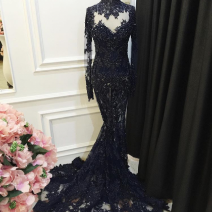 High Collar Black Lace Prom Dress Long Sleeves..