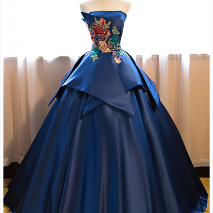 Royal Blue Strapless Floral Embroidered Princess..