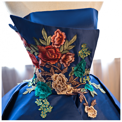 Royal Blue Strapless Floral Embroidered Princess..