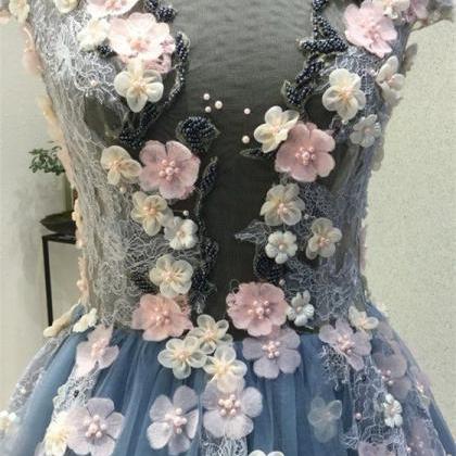 Sheer Neck Prom Dress With 3d Lace Flowers on Luulla