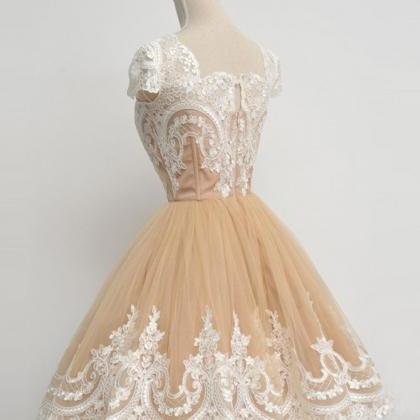 Short Champagne Homecoming Dress With Appliques..