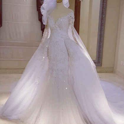 Long Sleeves Glittwe Wedding Dress With Detachable..