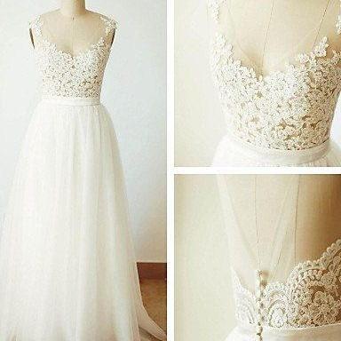 V Neck Illusion Boduce Ivory Wedding Dress