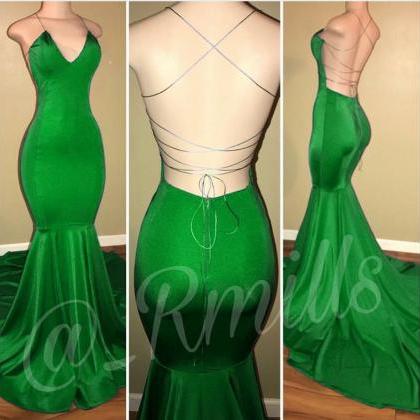 V Neck Green Mermaid Prom Dress With Tie Strings..
