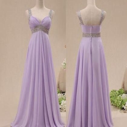 Lavender Pleated Chiffon Prom Dress With Beaded..