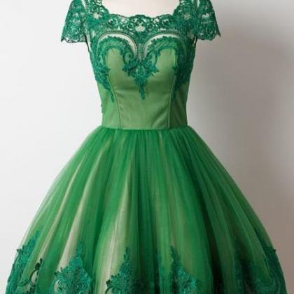 Cap Sleeves Green Short Dress With Lace