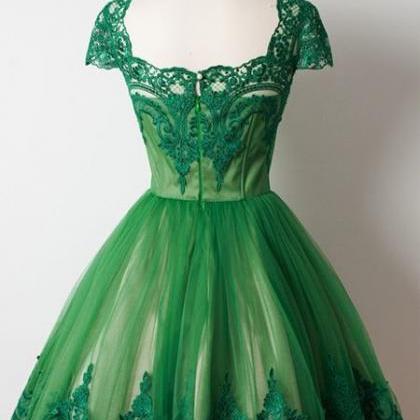 Cap Sleeves Green Short Dress With Lace