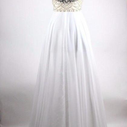 White Chiffon Prom Dress With Beads