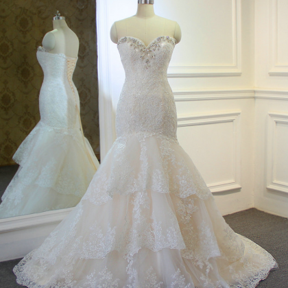 Sleeveless Ivory Lace Wedding Dress With Tiered..