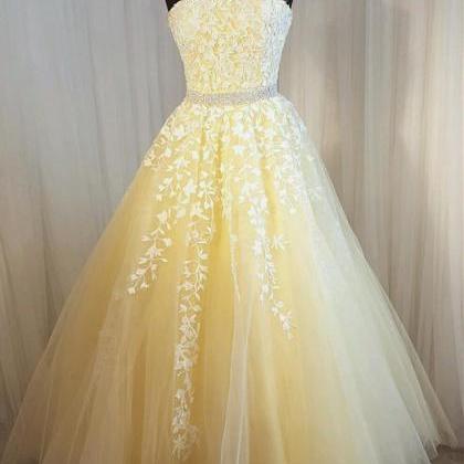 Strapless Light Yellow Prom Dress With Beaded..