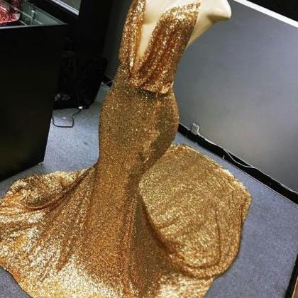 Backless Gold Sequin Mermaid Prom Dress