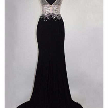 V Neck Black Prom Dress With Crystals Beads