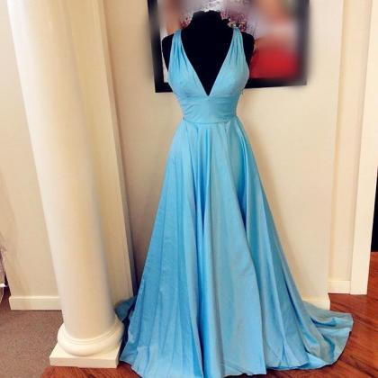 A-line V Neck Blue Prom Dress