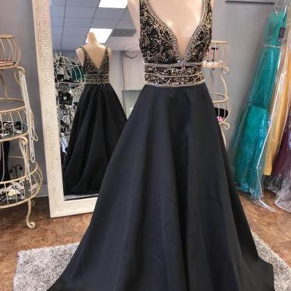 Plunging Neck Navy Beaded Prom Dress
