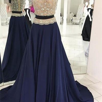 Two Pieces Navy Prom Dress With Beaded Crop Top