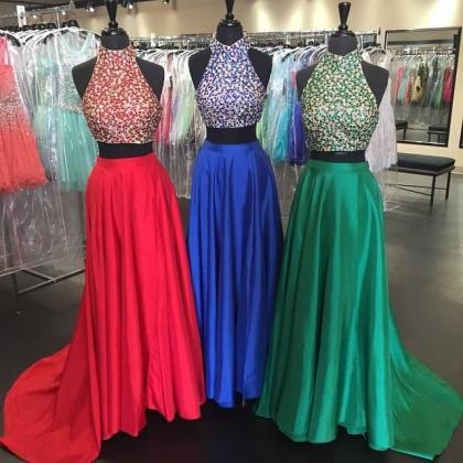 High Neck Two Pieces Prom Dress With Beaded Crop..