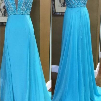Plunging Neck Blue Prom Dress With Beads