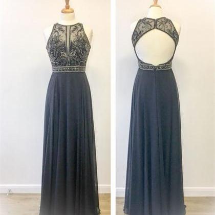 Open Back Black Beaded Prom Dress