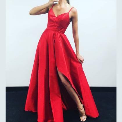 Simple Red Prom Dress With Slit