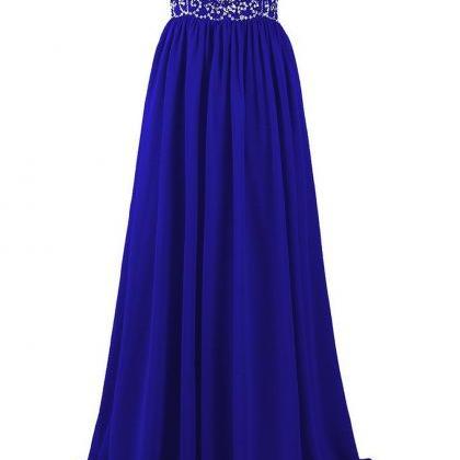 Sleeveless Long Royal Blue Chiffon Prom Dress With..