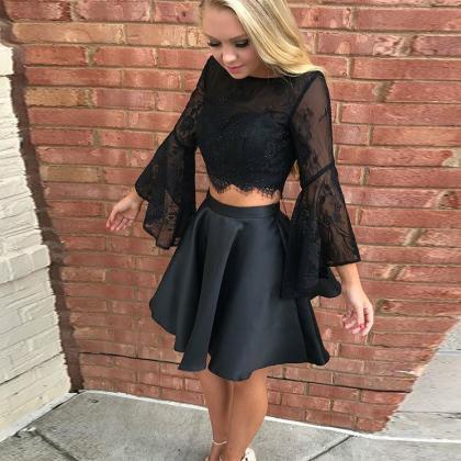 Short Black 2 Piece Prom Dress With Flare Sleeves